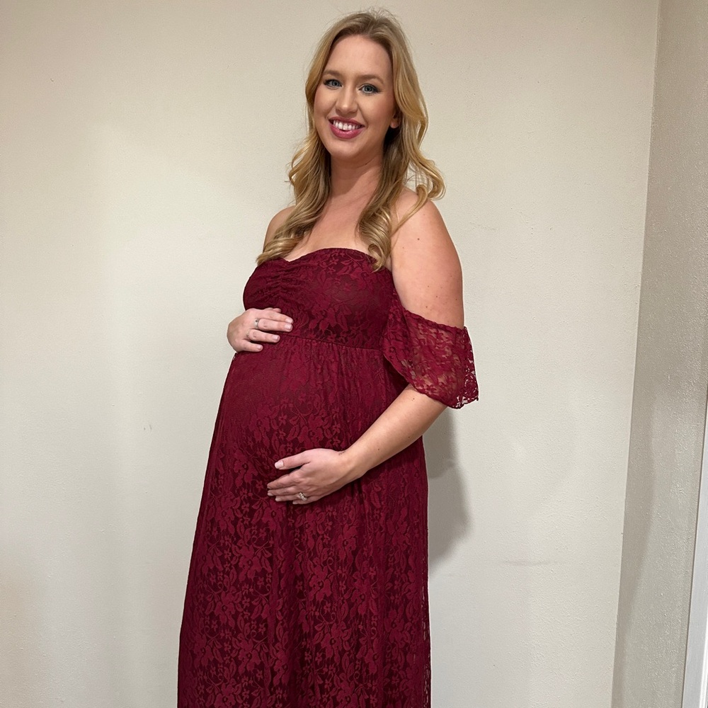 Elegant Maternity Burgundy Lace Off-Shoulder Dress Size XL NWOT